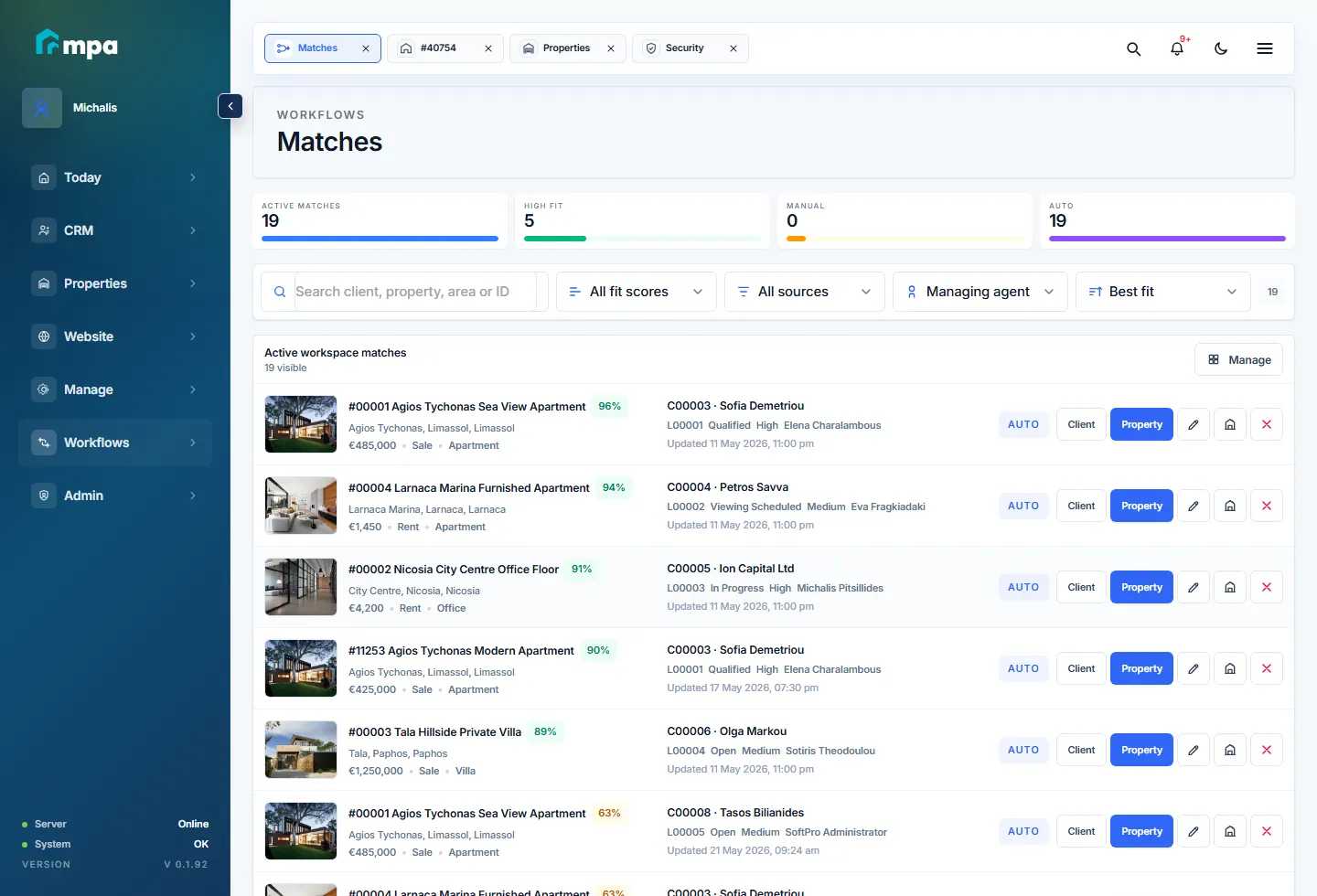 SoftPro matches page for property and client matching