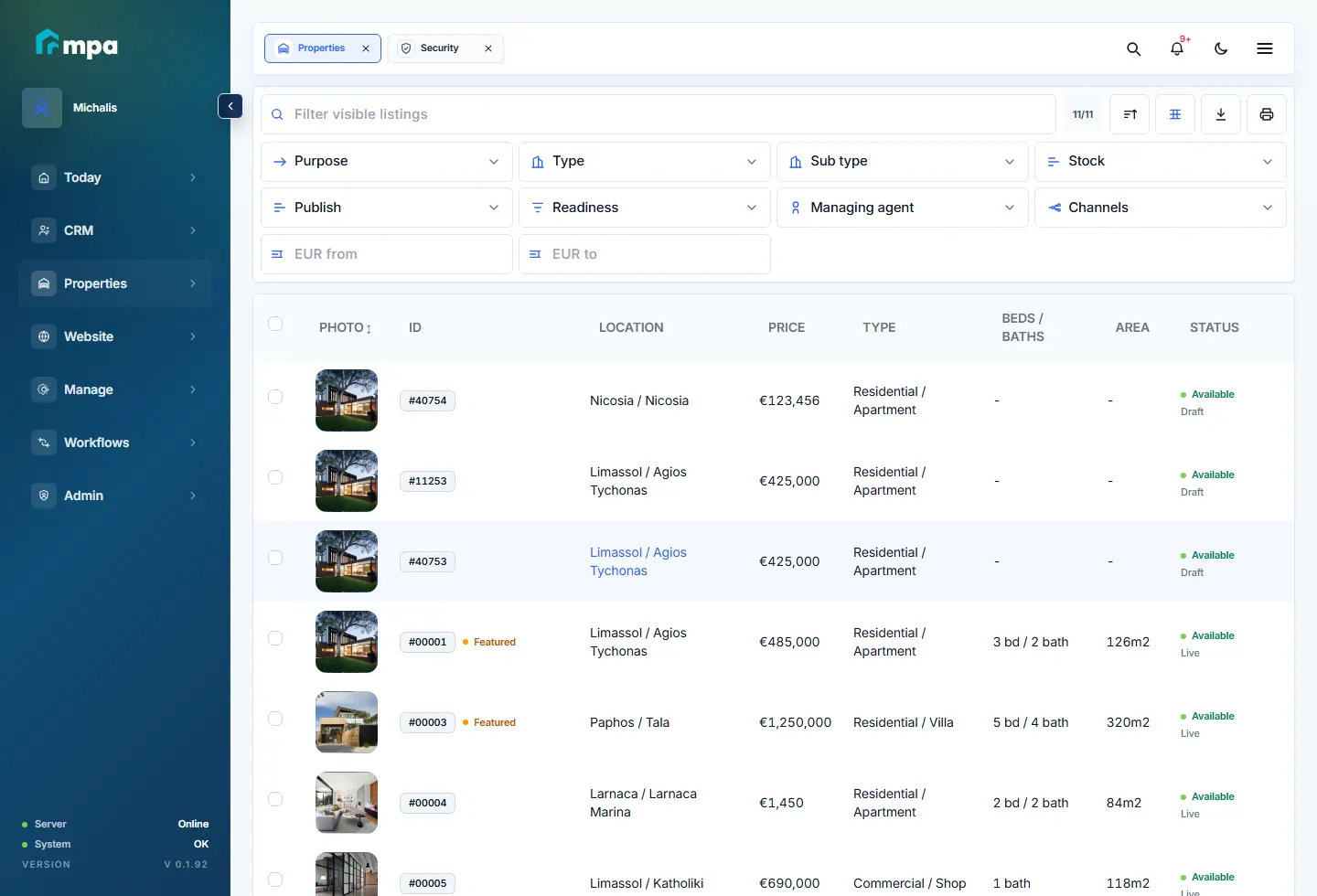 SoftPro property list with filters, sortable rows, images and publishing status