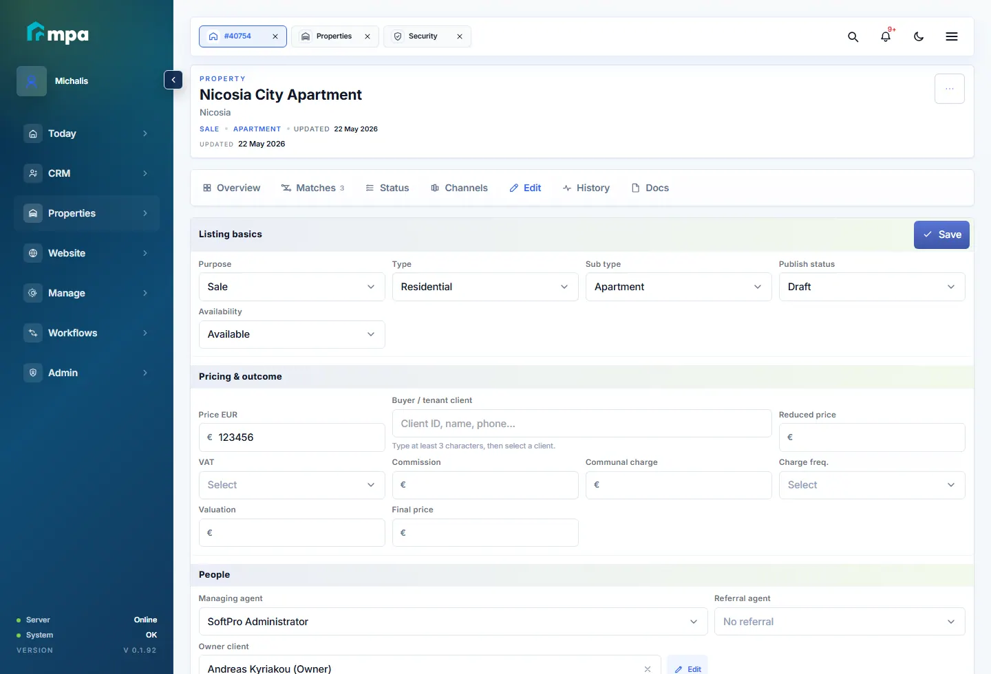 SoftPro property edit screen with pricing, people, owner and publishing workflow
